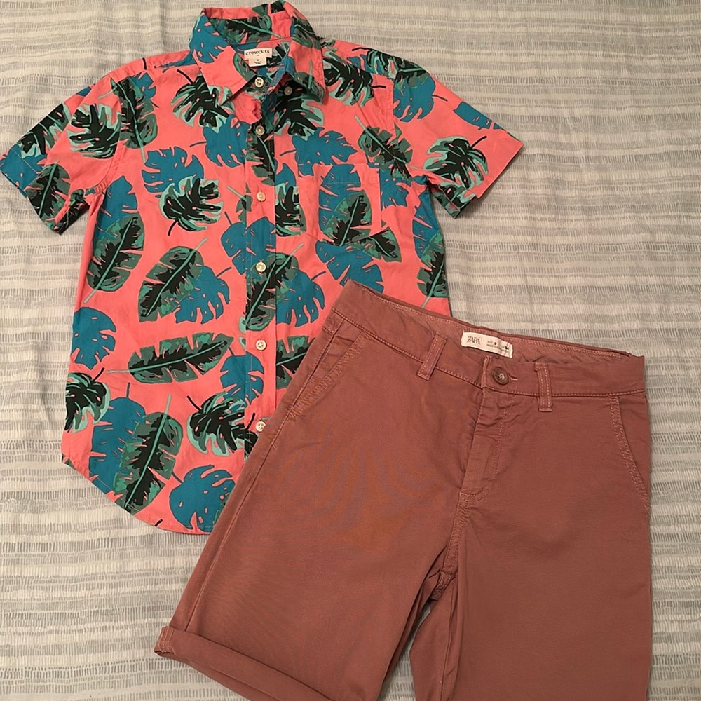 J Crew factory boy's button shirt with palm print, size 8. 
Zara shorts size 9